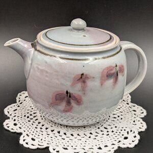 Handmade Stoneware Teapot – Blue Gray and Pink Blush with Mauve Flower Accents